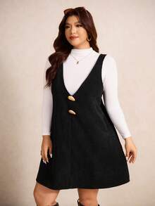 Elaquor Plus Size Women Metal Decor Elegant Suspender Dress, Autumn/Winter - Black - View 3