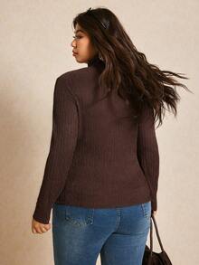 Elaquor Plus Size Solid Color Turtleneck Fitted Elegant Long Sleeve T-Shirt Brown - Coffee Brown - View 2