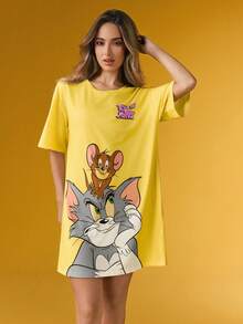 TOM & JERRY X SHEIN Women's Casual Cute Cartoon Pattern Round Neck Short Sleeve Nightgown, Summer, Moo Moo Night Dress