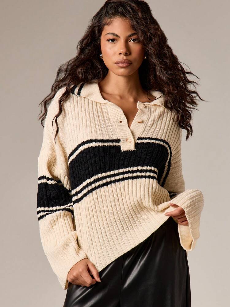 Striped Ribbed Knit Sweater With Buttons