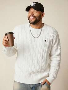 EASEVO Plus Size Men's Casual Cable Knit Crew Neck Long Sleeve Sweater - White - View 3