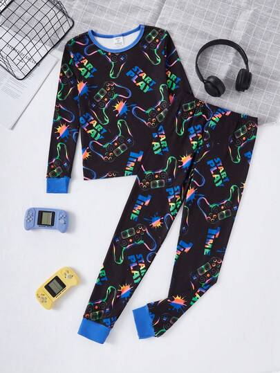 2 件套男童舒适睡衣，柔软舒适，卡通游戏机夜光彩色全身印花，长袖上衣和裤子，休闲家居服，秋冬
