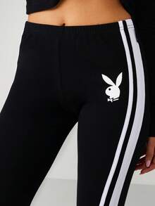 Missguided x Playboy 兔子标志条纹细节七分长度侧系带抽绳休闲运动紧身裤 - 黑色 - 查看 4