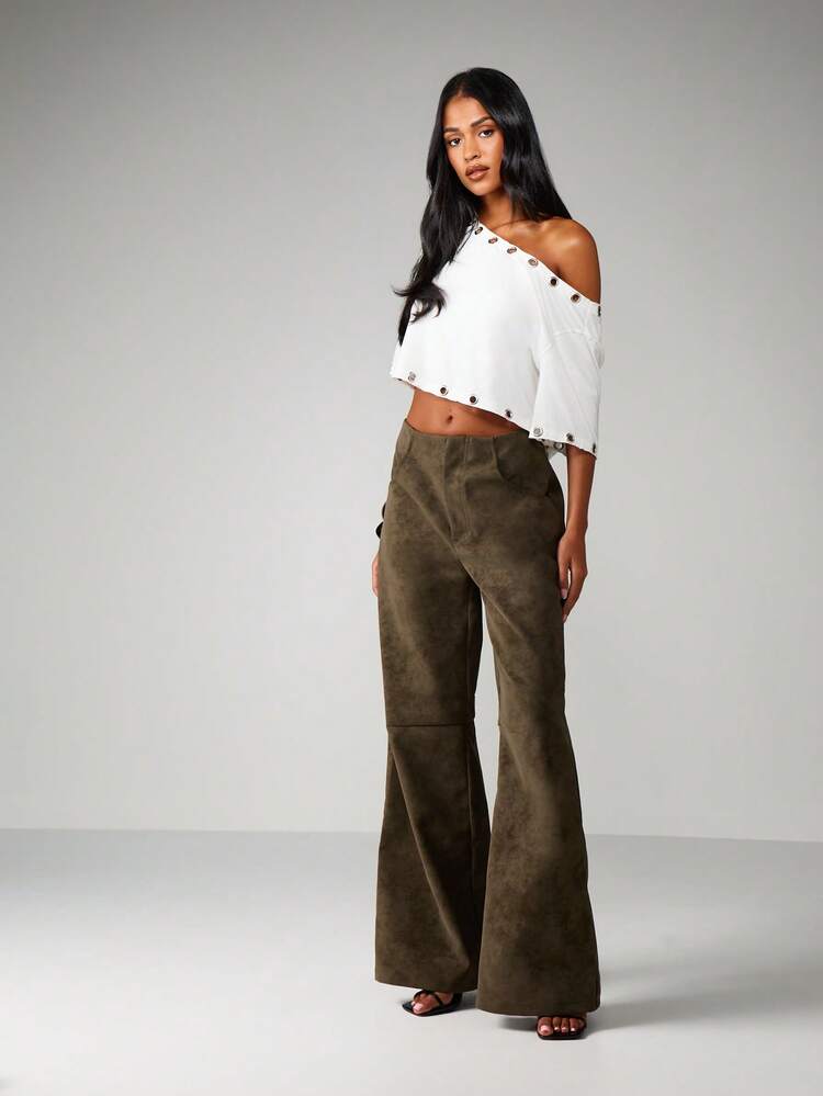 MISSGUIDED Wide Leg High Waisted Palazzo Pants With Suede Texture For Fall Winter Casual Wear
