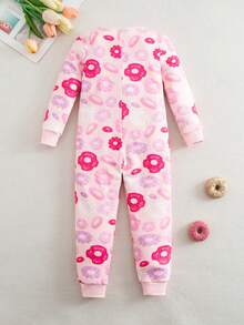 Young Girl' Minimalist Cute Pink Donut Print Long Sleeve Jumpsuit Loungewear