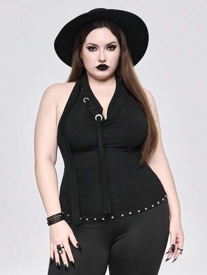 ROMWE Goth Plusstorlek Grunge-Punk Edgy Musikfestival Fest Riven Halsringning Grommet Metallring Dekor Linne Och Linne, Plusstorlek Höst/Vinter Fest Musikfestival Punk Gatustil Damtoppar