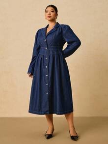 SHEIN Tall CURVE Cỡ lớn Mùa thu Mùa đông Halloween Giáng sinh Năm mới Lễ tạ ơn Đi làm Kỳ nghỉ Tiệc cưới Thanh lịch Công sở Thường ngày Phụ nữ Đồng quê Cổ điển Khiêm tốn Tiền cũ Quần áo làm việc Trang phục giáo viên cho phụ nữ Trang phục đi nhà thờ Phụ nữ Cổ áo khoét vai trễ Tay dài Cài nút phía trước Váy denim thường ngày cho phụ nữ Váy thanh lịch cho phụ nữ với tay áo phồng và cài nút toàn bộ Kiểu dáng chữ A tôn dáng - Màu xanh lam - Xem 3