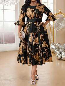 Fleurora 春夏秋冬优雅派对婚礼酒会圣诞节粉色系带喇叭袖A字裙大码套装 - 黑色 - 查看 3