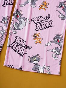TOM & JERRY X SHEIN 大码女式可爱卡通字母图案落肩宽松短袖上衣和裤子睡衣套装 - 粉色 - 查看 5