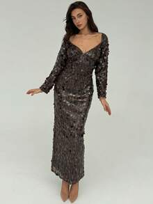 Aloruh Women's Christmas & Halloween Heart Neck Sequin Maxi Dress, Party Wear,Party Dresses For Women