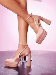 CUCCOO LuxiPop 女士时尚性感三扣踝带酒红色缎面厚底高跟鞋，适合夜间外出、派对、返校、万圣节、圣诞派对服装 - 粉色 - 查看 2