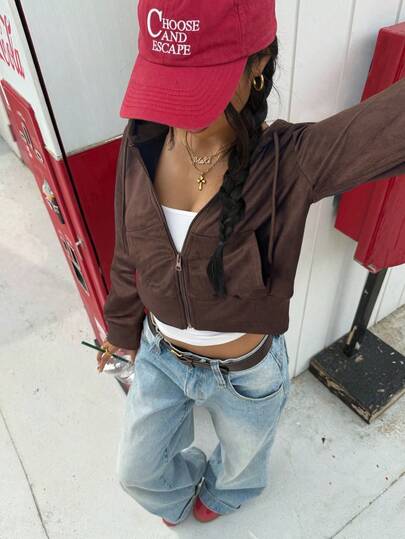 SHEIN EZwear 女士咖啡棕色长袖拉链休闲卫衣，返校季，秋季Y2K