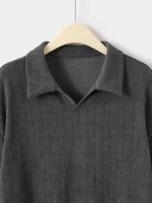 Manfinity Dauomo 男士休闲日常通勤简约纯色落肩宽松翻领长袖 T 恤，春/秋 - 深灰色 - 查看 3