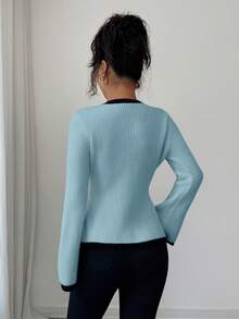 Elenzga Women's Elegant Round Neck Front Button Design Contrast Color Sweater - Blue - View 2