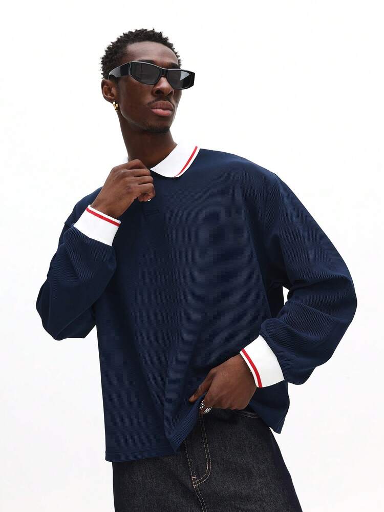 Long Sleeve Textured Boxy Polo