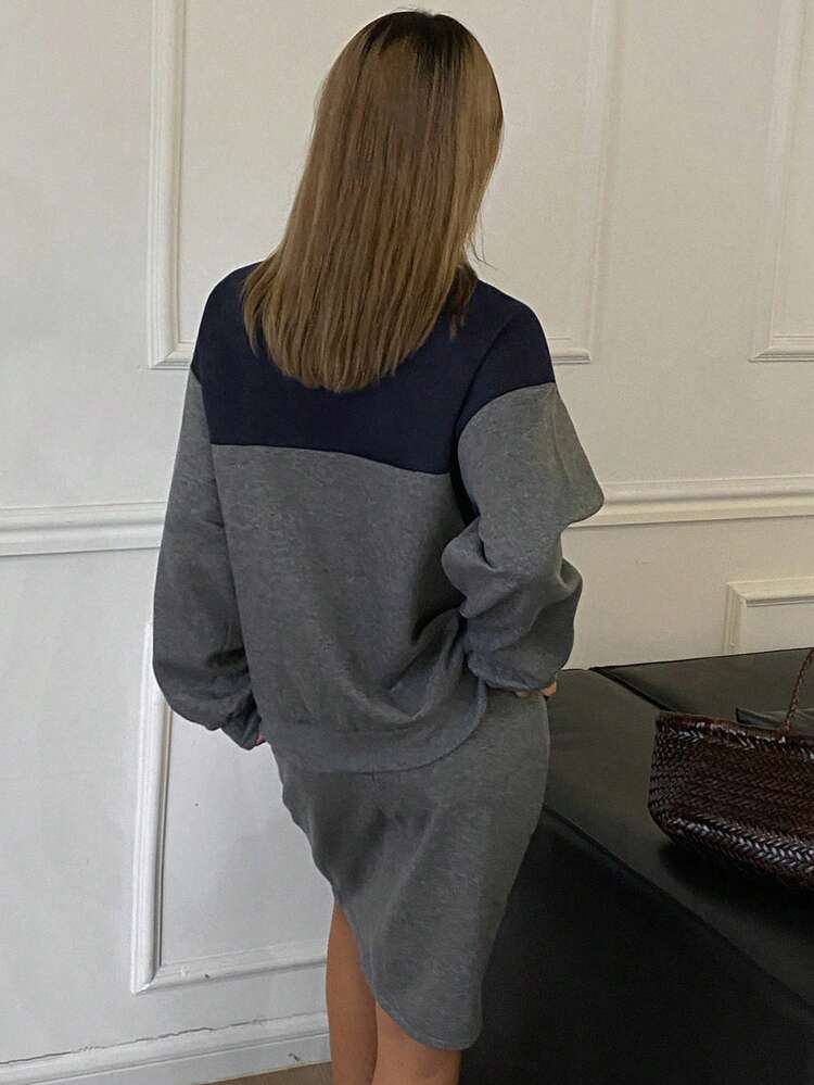 2pcs Women Casual Streetwear Set: Colorblock Polo Collar Long Sleeve Sweatshirt And Straight Skirt, Autumn/Winter