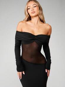 MISSGUIDED Off Shoulder Long Sleeve Bodycon Maxi Dress With Mesh Insert Panel For Evening Occasions - Black - View 3