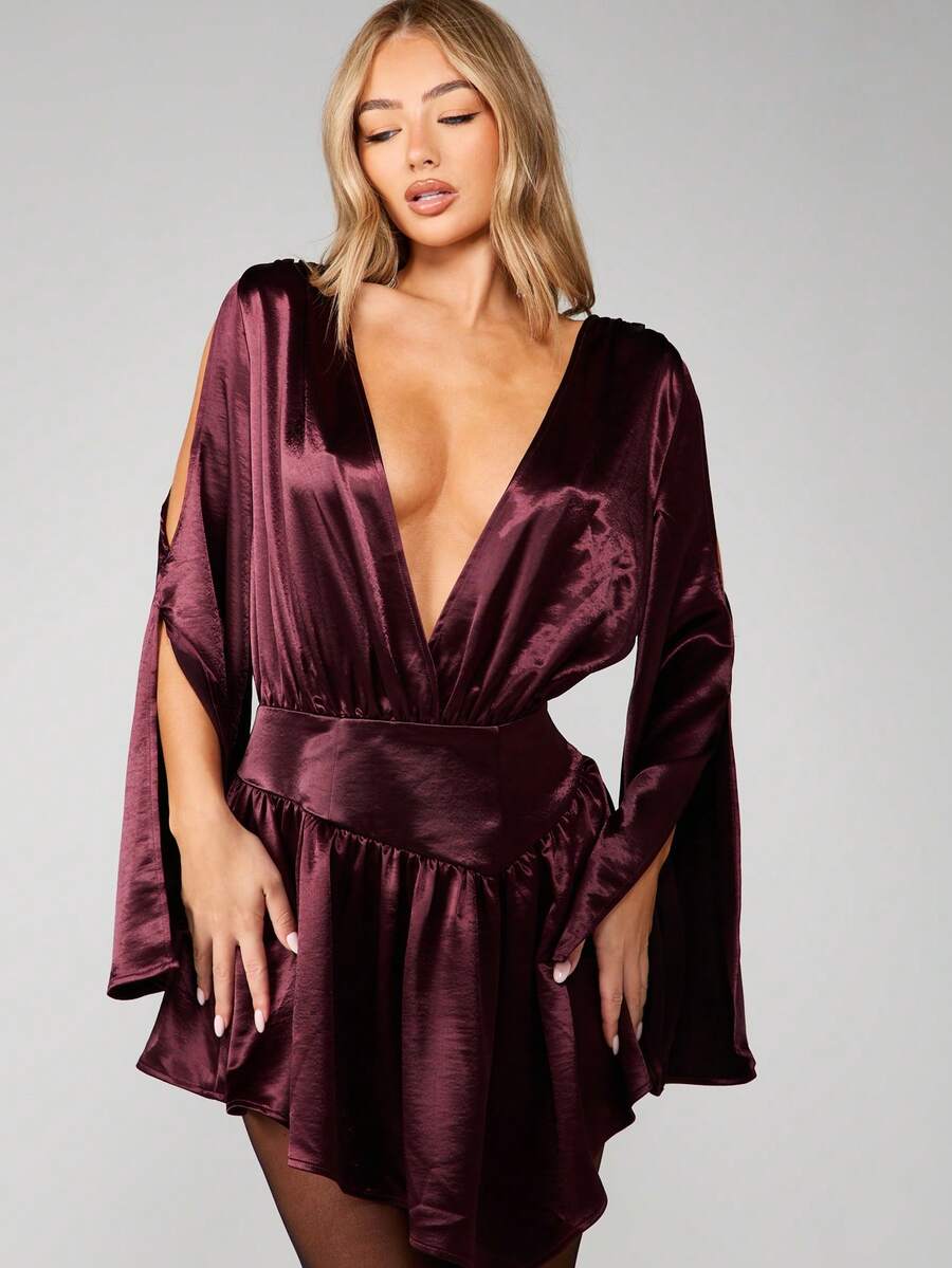 MISSGUIDED Đầm ngắn tay dài, vạt bất đối xứng, chất liệu nhung, cổ chữ V xẻ sâu, kiểu dáng quấn, thích hợp cho tiệc tối, màu đỏ tía với chi tiết bèo nhún. - Màu tím - Xem 1