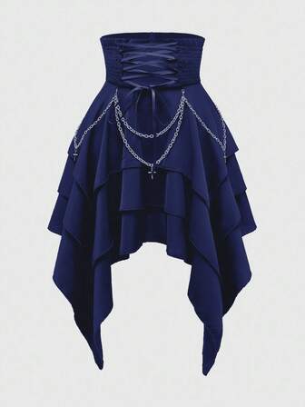 Goth Falda de mujer vintage gótica de cintura alta con cadena metálica desmontable, cintura súper alta con cordones, cintura ceñida y bajo asimétrico multicapa