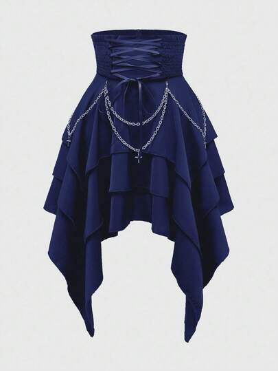 Jupe vintage gothique à taille haute avec chaîne métallique amovible, taille super haute avec laçage, taille cintrée, ourlet asymétrique multicouche pour femmes