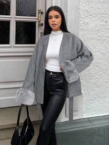 SHEIN EZwear 女士纯色交叉裹身系带长袖大衣，秋冬灰色外套灰色开衫 - 灰色 - 查看 4