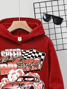 Tween Boy Casual Minimalist Cartoon Vintage Car Pattern Loose Fit Long Sleeve Sweatshirt, Suitable For Autumn/Winter - Red - View 3