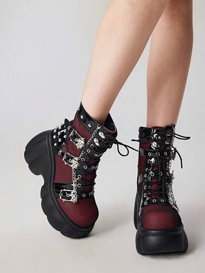 Grunge Punk Women's Black & Red Contrast Color Round Toe Platform Thick Sole Gothic Punk Dark Rivet Buckle Skull Head Fashion Ankle Boots
