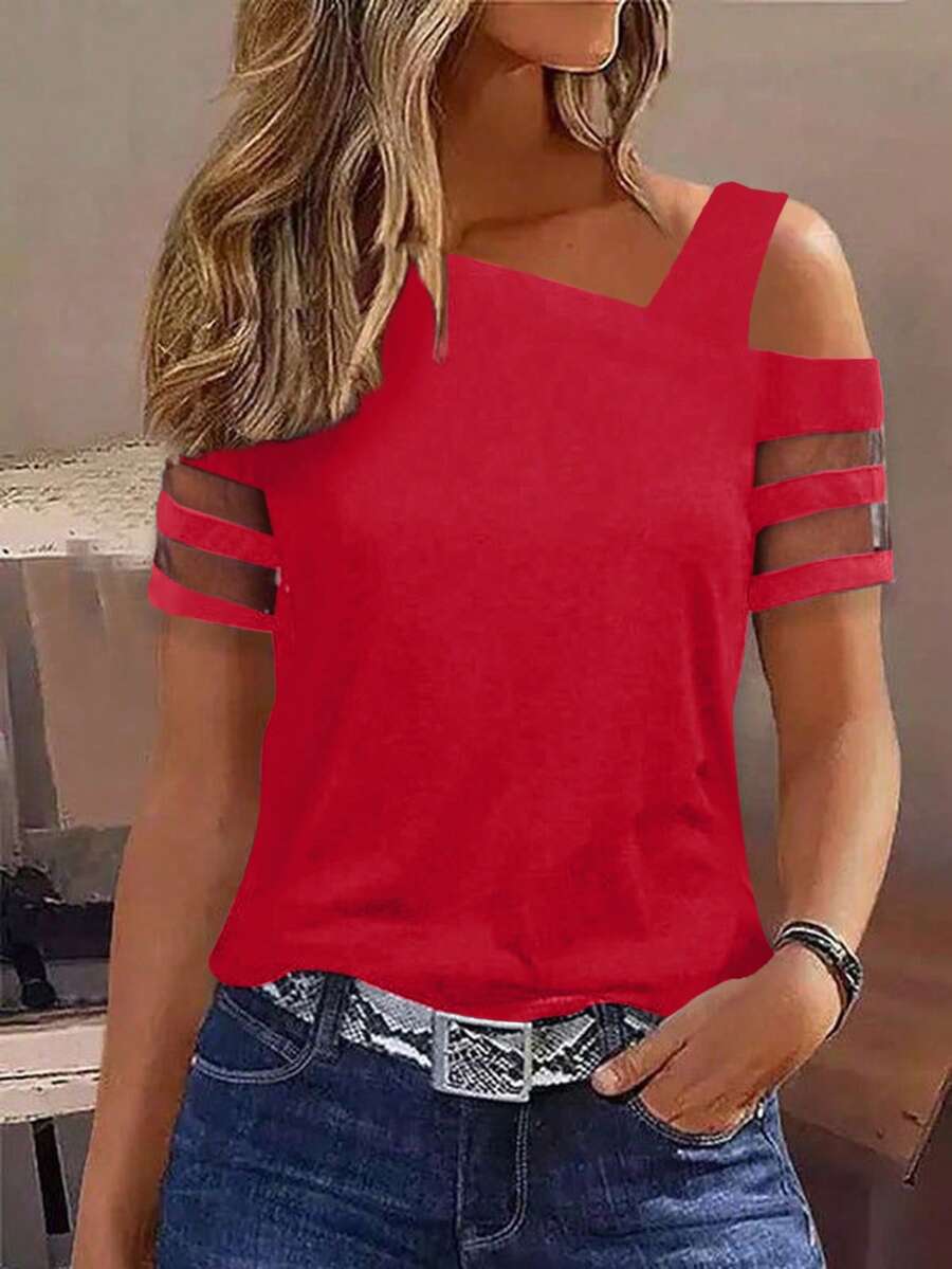 EMERY ROSE Women's Casual Vacation Asymmetrical Neck Short Sleeve Mesh Panel T-Shirt Night Out Red Summer - Red - View 1