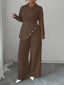 Modelyn 加大码梭织染色棉质长袖裹身上衣和直筒裤两件套服装，适合秋冬季 - 棕色 - 查看 4