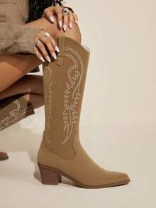 Daringsoles 女士尖头银色一脚蹬靴，保暖靴，刺绣西部靴，牛仔靴，秋冬 - 卡其色 - 查看 8