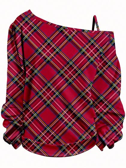 EMERY ROSE Plus Size Women's Christmas Plaid Print Asymmetric One Shoulder Strap Crew Neck Long Sleeve T-Shirt, Winter,Valentine's Day Autumn And Winter One Shoulder Top One Shoulder Top Plus Red Checkered Top Red Plaid Top One Shoulder Blouse Plaid Blouse