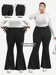 SHEIN CURVE+ Plus-Size High-Elasticity, Belly-Controlling, Tight-Fitting Flared Women's Pants - Black - View 11