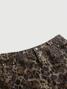 ROMWE J-Fashion Plus Size Y2K Gyaru Shibuya Leopard Print Retro Fluffy Decor Bodycon Denim Mini Skirt, Autumn/Winter - Brown - View 3