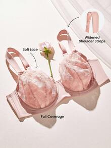 LUVLETTE Plus Full Coverage Breathable Unlined Floral Lace Elegance Lingerie Lounge Curve Sheer Bridal Intimates Minimizer Bra - Dusty Pink - View 6