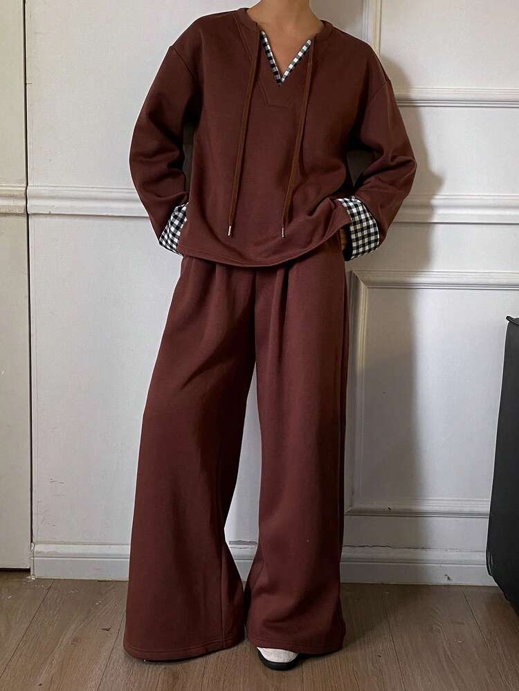 Women's Casual Contrast Color Patchwork Sweatshirt And Wide Leg Pants 2 Pieces Set, Autumn