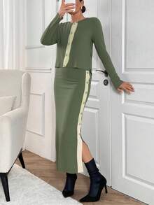 EURMUSE 女式两件套开衫和超长毛衣套装，配有水钻纽扣和侧面水钻细节 - 薄荷綠 - 查看 1