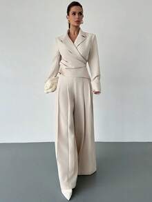 Firerie 女士休闲优雅收腰阔腿裤和长袖西装外套，米色仿亚麻纹理面料/褶皱阔腿裤/适合通勤/舒适的女士秋冬装/女士秋冬裤/新年/老款风格穿搭/休闲装 - 杏色 - 查看 7