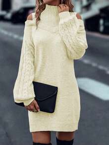 EMERY ROSE 女士优雅高领露肩宽松针织毛衣裙，秋冬 - 米色 - 查看 3