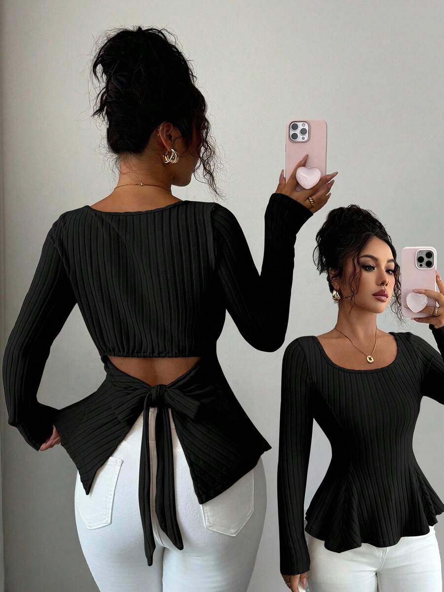 Selianne Women's Casual Solid Color Twist Back Long Sleeve T-Shirts - Black - View 1