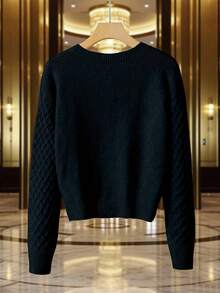 EMERY ROSE Women's Hollow Out Cable Knit Diamond Pattern Cardigan - Black - View 2