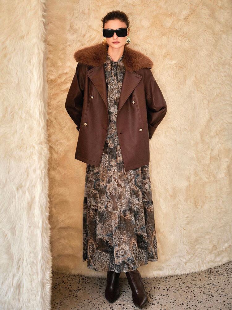WOMEN'S FAUX FUR COLLAR PATCHWORK PU LEATHER DOUBLE-BREASTED JACKET, AUTUMN/WINTER