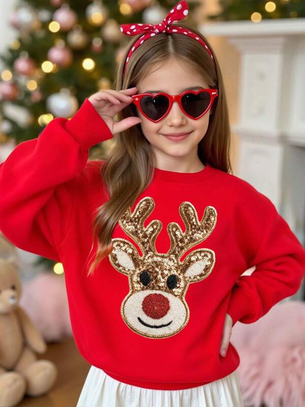 SHEIN ¡Feliz Navidad! Sudadera de cuello redondo cálida y cómoda con estampado de reno brillante, de estilo de dibujos animados, lindo y kawaii, adecuada para fiestas de Navidad, Feliz Año Nuevo