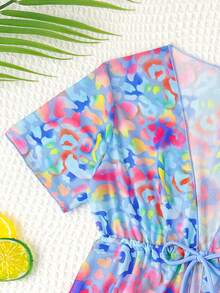 Young Girl V-Neck Short Sleeve Casual Allover Print Summer Bikini With Ruffled 3 Pieces Set Summer Girls Sets Summer Two Pieces Sets Teens Swim Suit 3pcs Set Bikini With Sarong Skirt Girls Matching Sets Vacation Girls Three Piece Swimsuit Summer Two Piece Set Teens Swim Suit - Multicolor - View 5