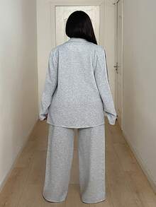 Maweii 秋季大码女式侧条纹长袖夹克和裤子休闲套装 - 灰色 - 查看 3