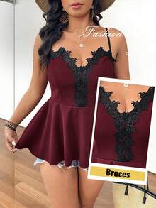 Breezaya Plus Size Textured Ruched A-Line Neck Rose Lace Trim Colorblock Casual Camisole Tank Top, Great For Outing, Holiday, Commuting - Burgundy - View 3