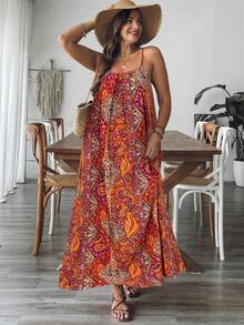 SHEIN VCAY Váy không tay thường ngày cỡ lớn dành cho nữ có túi, họa tiết Paisley - Đỏ - Xem 3