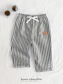 Cozy Pixies Baby Boy Elastic Waist Casual Pants With Decorative Ribbon, Comfortable & Versatile - Black and White - View 6