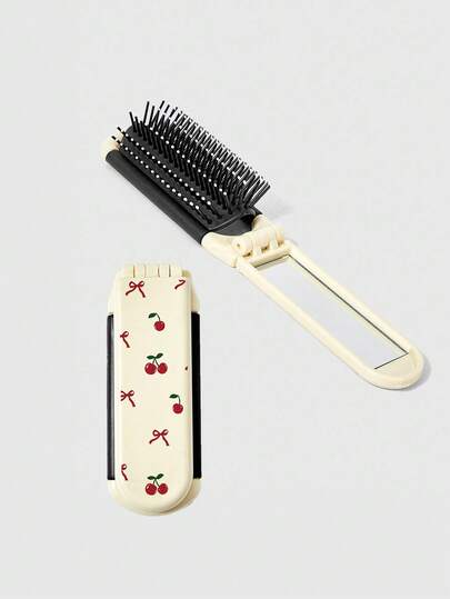 Kawaii 1pc Cherry Smile Back To School Print Folding Hair Comb With Mirror, Portable All-In-One Styling Tool
