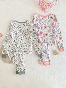 SHEIN 4件套/2套 女童加大码印花休闲舒适打底裤和长袖贴身家居服/睡衣套装 - 彩色 - 查看 2