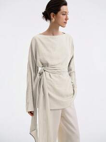 Aalyst 女式亚麻斜纹街头风格休闲宽松 A 字形腰带长衬衫，露肩袖，适合办公室、通勤、度假、春秋冬 - 杏色 - 查看 3